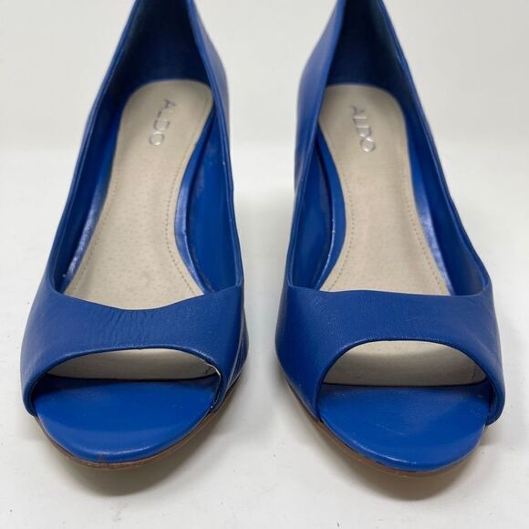 Aldo Women's Peep Toe Pump Stacked Heels Slip On Leather Blue Size EU 38 - Picture 3 of 13
